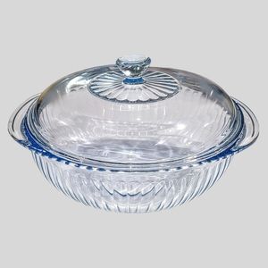 Pyrex 024-S Glass Bowl & Lid Ice Blue Tint Ribbed 2 Quart Casserole Baking Dish